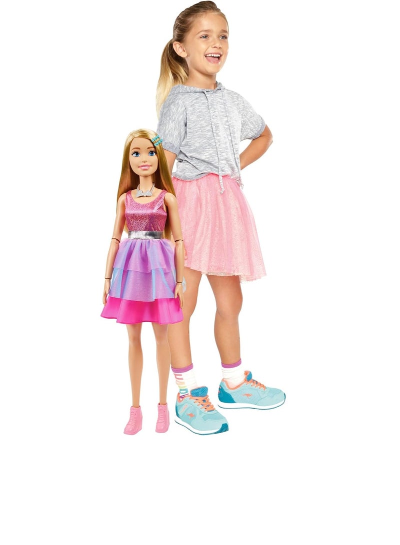 Large Barbie Doll with Blond Hair, 28 Inches Tall, Shimmery Pink Dress with Necklace and Hair Clip Accessories
