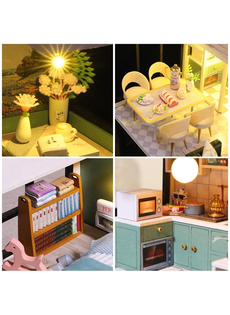 DIY Miniature Dollhouse Kit 1:24 Scale Mini Handmade Wooden Doll House with Music Furniture Great Craft Gift for Birthday Mother's Day Kids Teens Adults Assemble the Villa Model Gift