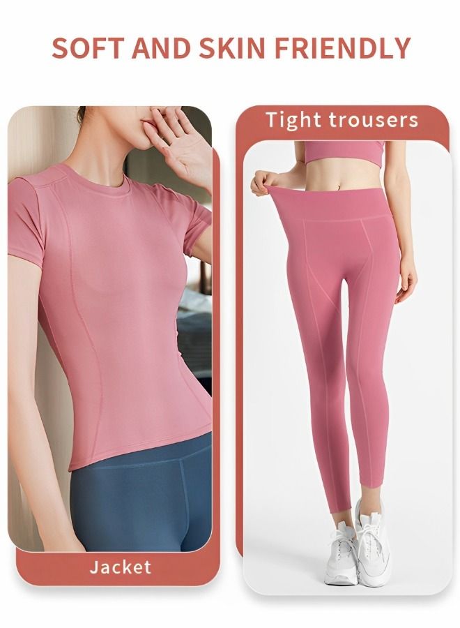 Women's 2 Piece Tracksuit Workout Outfits Workout Sets, High Waist Leggings and Short Sleeve Yoga Active-wear Matching Gym Clothing Set Pink Size M