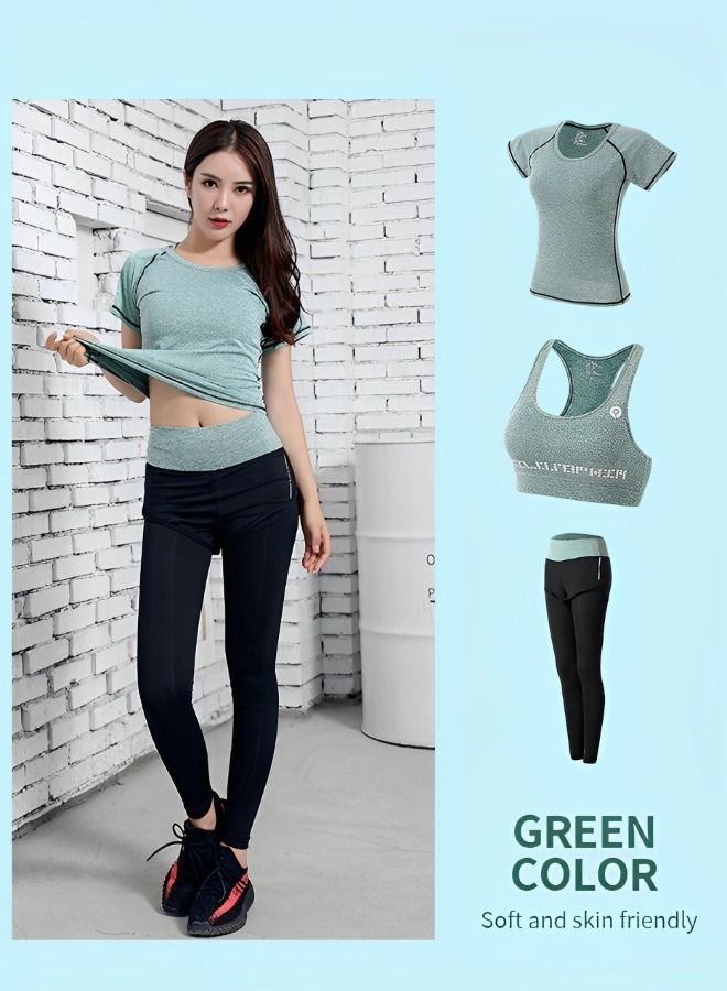 Workout Outfits Women 3 Piece Crop Tops Sport Bra High Waist Double-Layered Leggings Quick-Dry Short Sleeves Sets for Outfits, Yoga, Running, Gym Green Size M