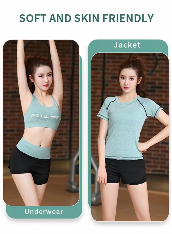 Workout Outfits Women 3 Piece Crop Tops Sport Bra High Waist Double-Layered Leggings Quick-Dry Short Sleeves Sets for Outfits, Yoga, Running, Gym Green Size M