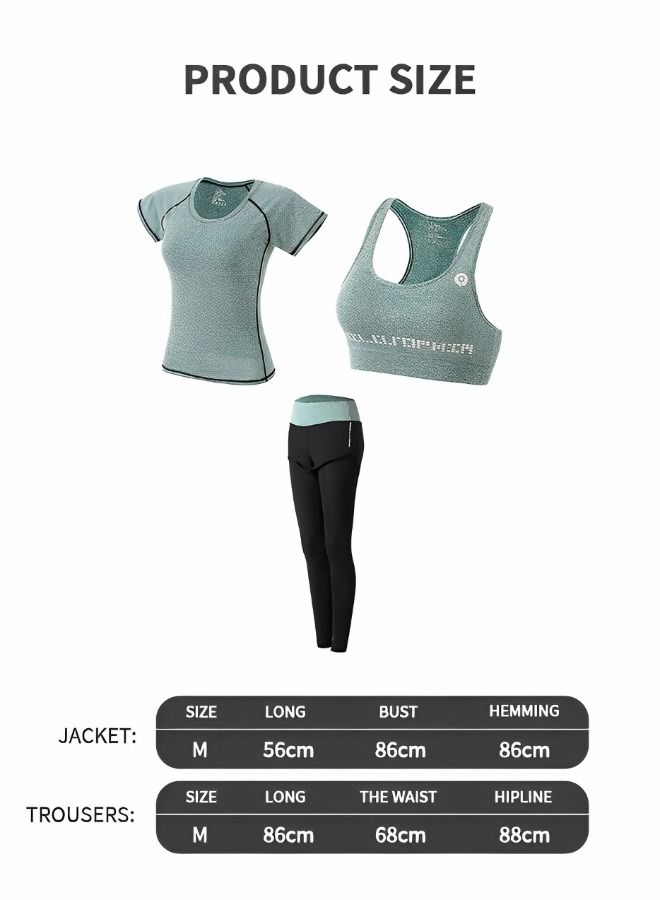 Workout Outfits Women 3 Piece Crop Tops Sport Bra High Waist Double-Layered Leggings Quick-Dry Short Sleeves Sets for Outfits, Yoga, Running, Gym Green Size M