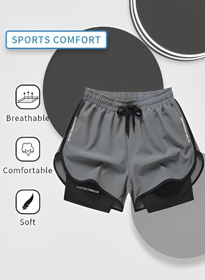 Men’s 2 in 1 Running Shorts Quick Dry Gym Athletic Workout Shorts Basketball soccer ball  Sports Shorts swim trunks