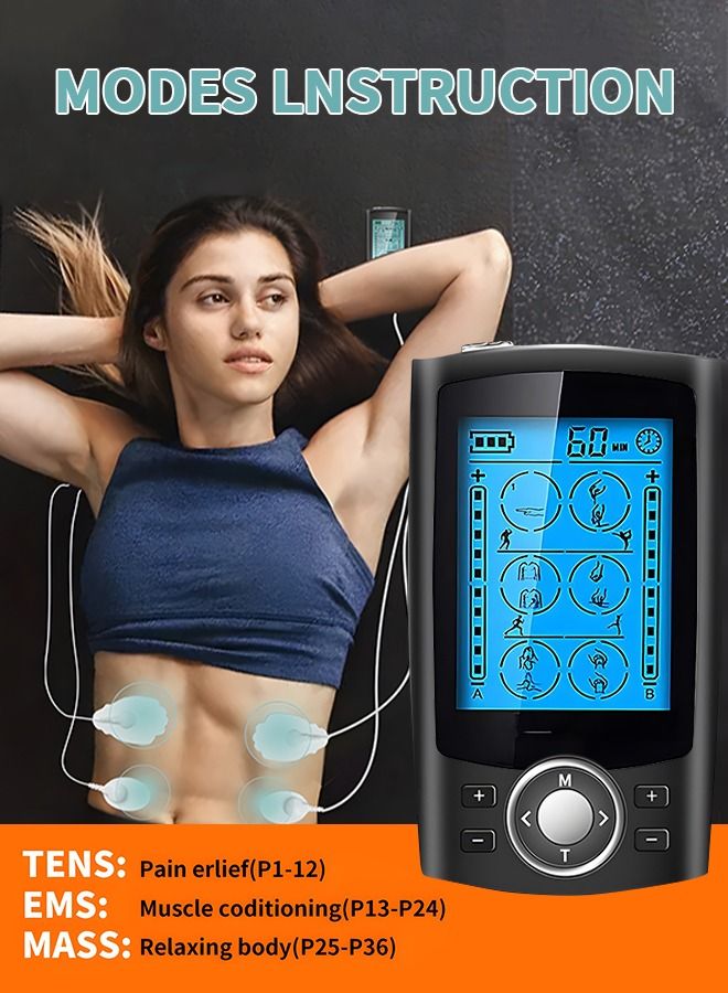 24 Modes Dual Channel Tens Unit Electro Muscle Stimulator Rechargeable Pulse Massager with Electrodes 10 Pads  20 Levels for Neck Back Arms Chronic Pain Relief Body Building