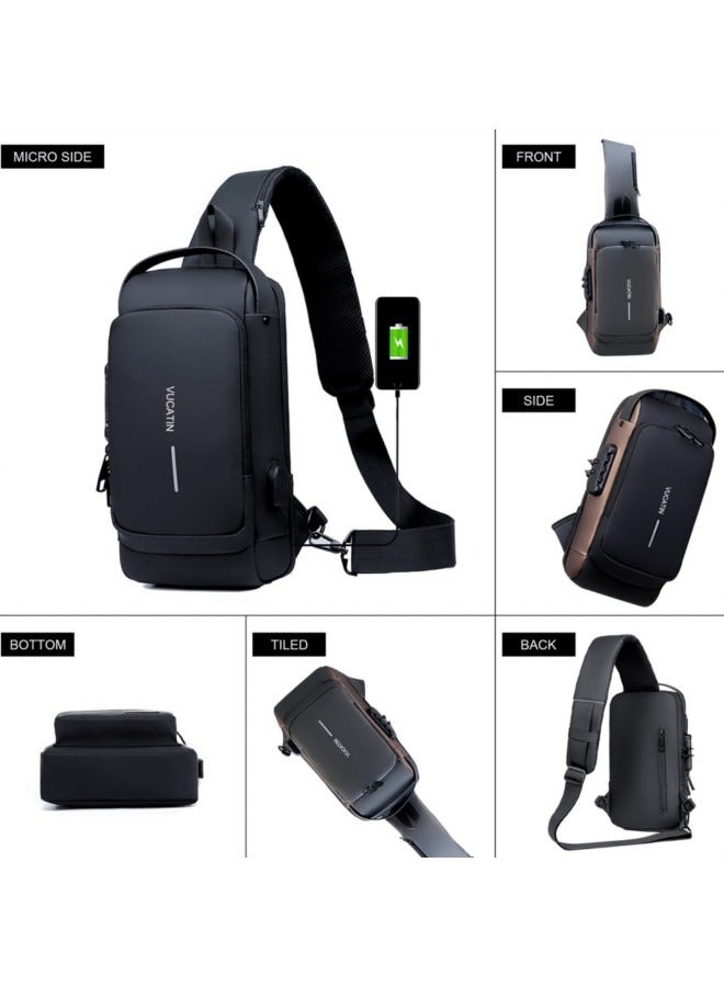 Crossbody Sling Bag, Body Chest Shoulder Bag for Men Women Casual Shoulder Backpack Bag, Waterproof Leather Chest Casual Daypack with Usb Charging Port for Travel Hiking