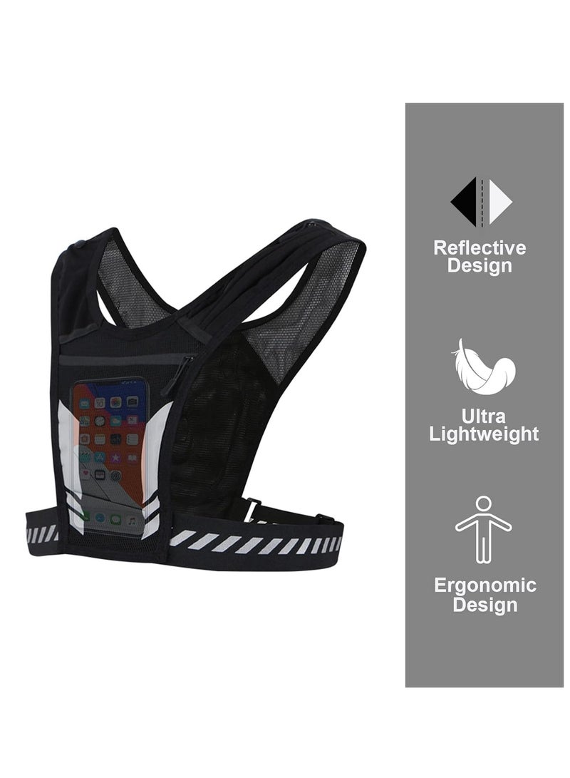 Running Phone Holder for Vest | Chest Pouch | Lightweight and Training | Key Clip | Luminous Straps | Waterproof | Reflective | Men and Women, Black, Black