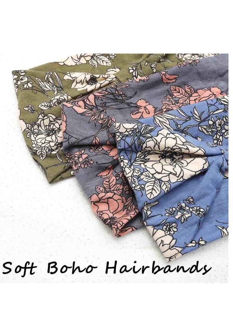 Head Scarf Women, Bandeau Headbands Wide Knot Hair Scarf Floral Printed Hair Band Elastic Turban Thick Head Wrap Stretch Fabric Cotton Head Bands Thick Fashion Hair Accessories for Women Pack of 3