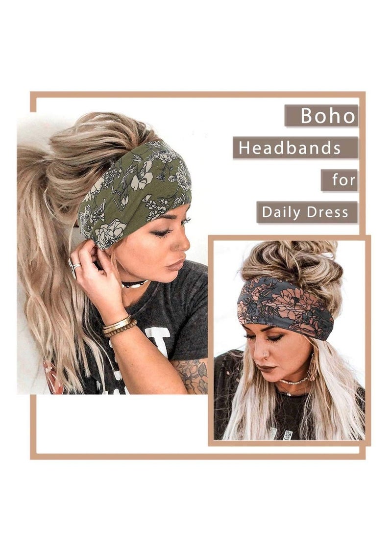 Head Scarf Women, Bandeau Headbands Wide Knot Hair Floral Printed Band Elastic Turban Thick Wrap Stretch Fabric Cotton Bands Fashion Accessories for Women Pack of 3