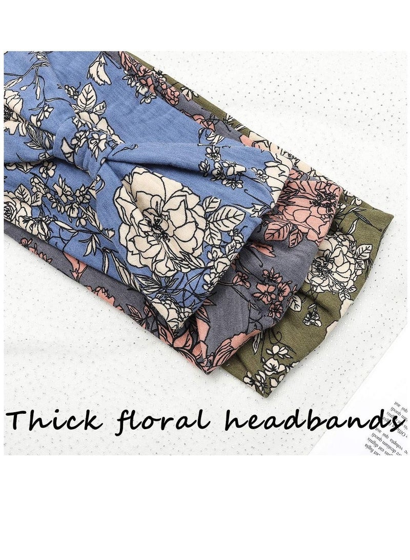 Head Scarf Women, Bandeau Headbands Wide Knot Hair Floral Printed Band Elastic Turban Thick Wrap Stretch Fabric Cotton Bands Fashion Accessories for Women Pack of 3