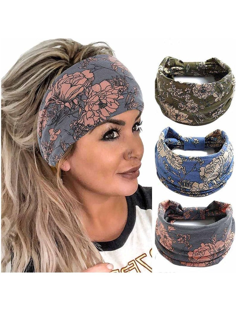 Head Scarf Women, Bandeau Headbands Wide Knot Hair Floral Printed Band Elastic Turban Thick Wrap Stretch Fabric Cotton Bands Fashion Accessories for Women Pack of 3