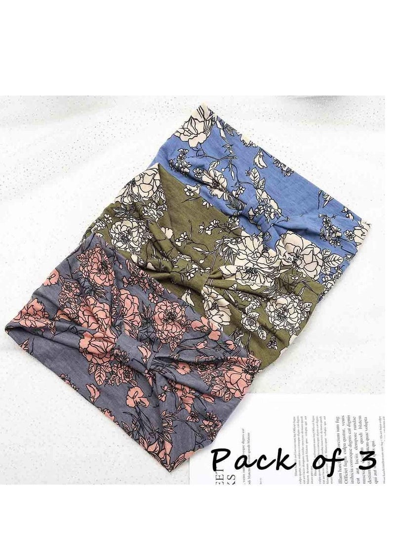 Head Scarf Women, Bandeau Headbands Wide Knot Hair Floral Printed Band Elastic Turban Thick Wrap Stretch Fabric Cotton Bands Fashion Accessories for Women Pack of 3