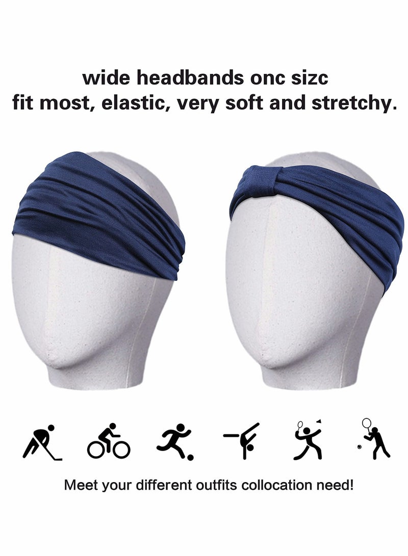 2 Pack Wide Headbands for Women, Boho Knotted Sweat on-Slip Fashion Hair Bands, Head Wraps Elastic Soft Cotton Cloth Turbans Bandana Yoga, Running, Sport