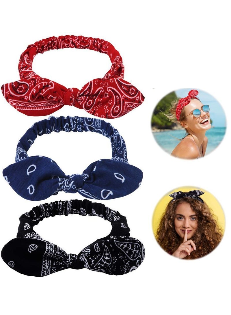 Elastic Knot Headbands, 3 Packs Rabbit Ear Bow Headband Paisley Print Turban Headwraps Hair Band for Women Girls, Bandana Headbands