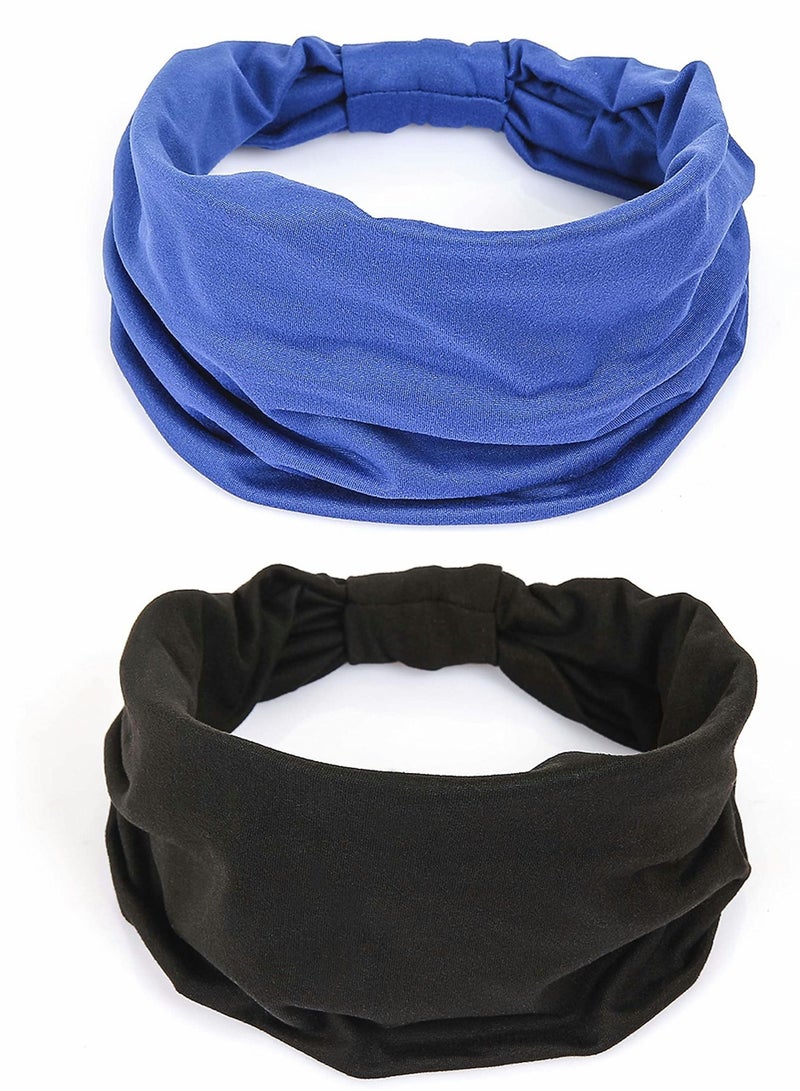 2 Pack Wide Headbands for Women, Boho Knotted Sweat on-Slip Fashion Hair Bands, Head Wraps Elastic Soft Cotton Cloth Turbans Bandana Yoga, Running, Sport (Black, Blue)