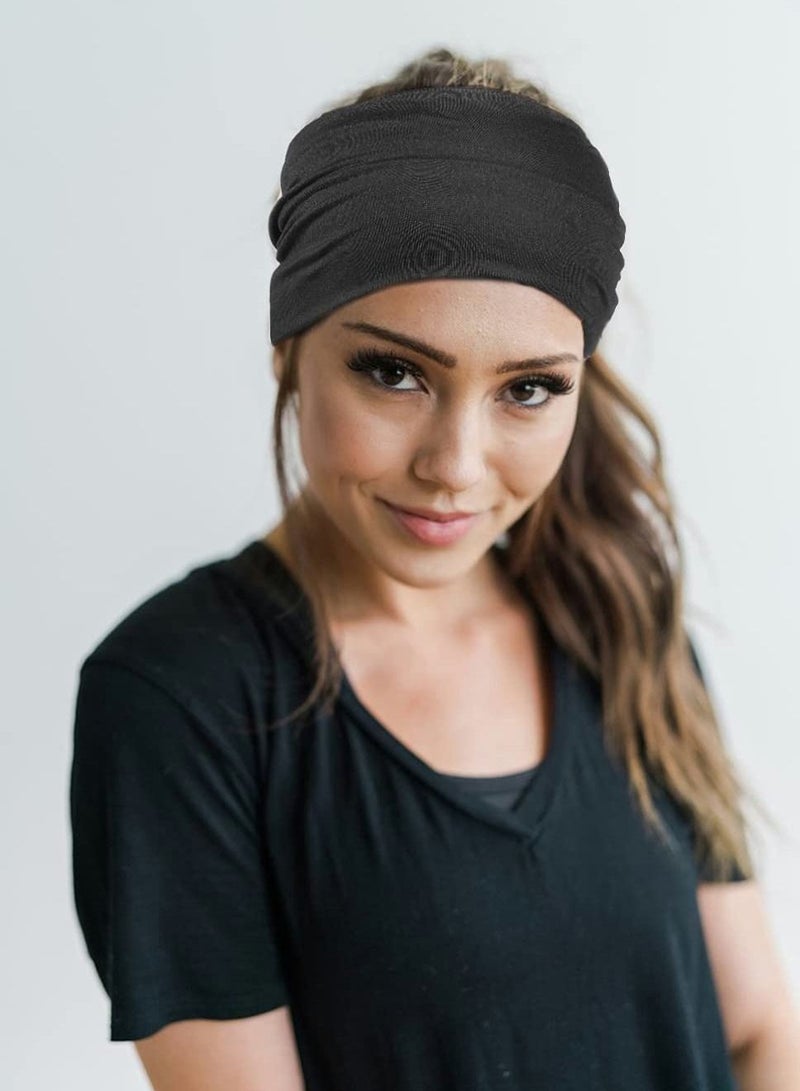 2 Pack Wide Headbands for Women, Boho Knotted Sweat on-Slip Fashion Hair Bands, Head Wraps Elastic Soft Cotton Cloth Turbans Bandana Yoga, Running, Sport (Black, Blue)