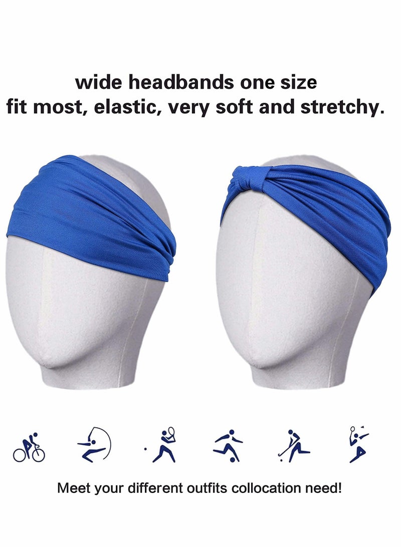 2 Pack Wide Headbands for Women, Boho Knotted Sweat on-Slip Fashion Hair Bands, Head Wraps Elastic Soft Cotton Cloth Turbans Bandana Yoga, Running, Sport (Black, Blue)