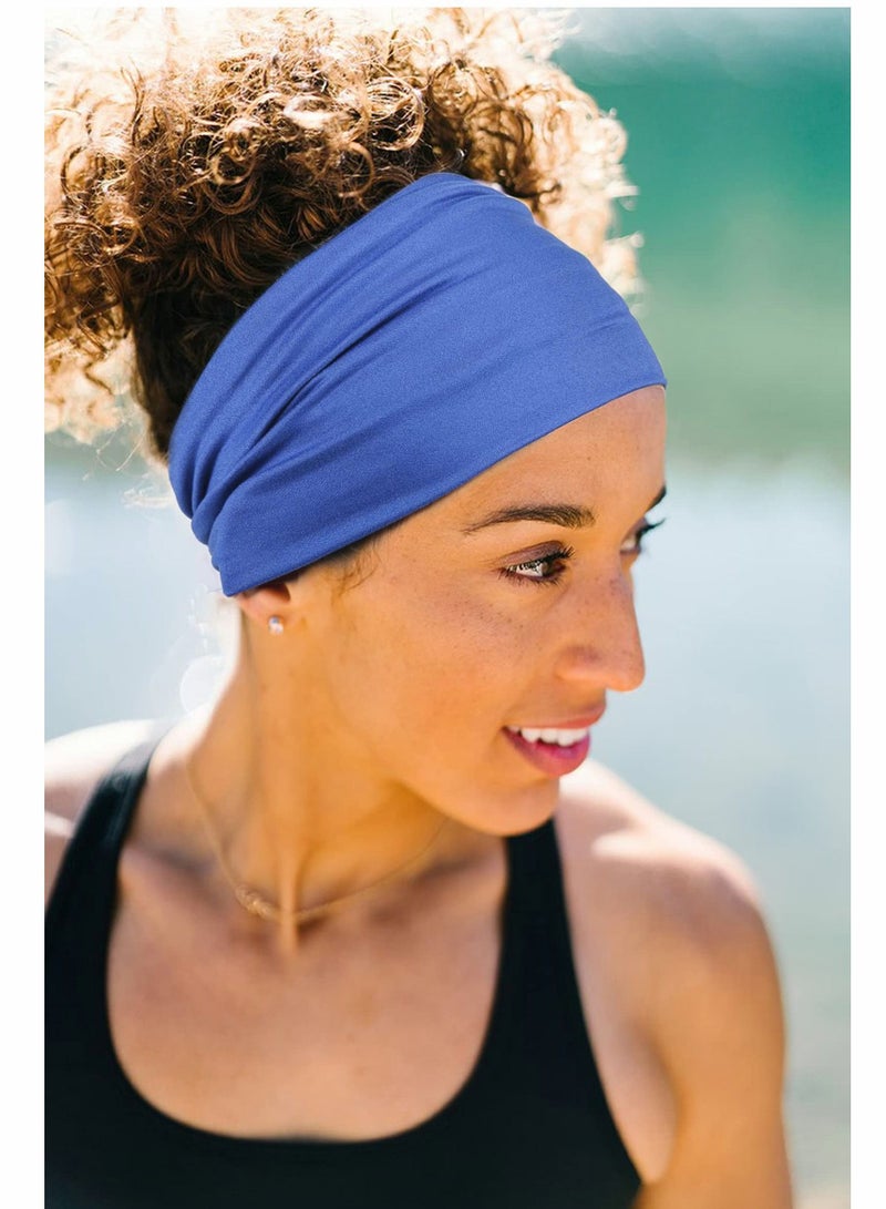 2 Pack Wide Headbands for Women, Boho Knotted Sweat on-Slip Fashion Hair Bands, Head Wraps Elastic Soft Cotton Cloth Turbans Bandana Yoga, Running, Sport (Black, Blue)