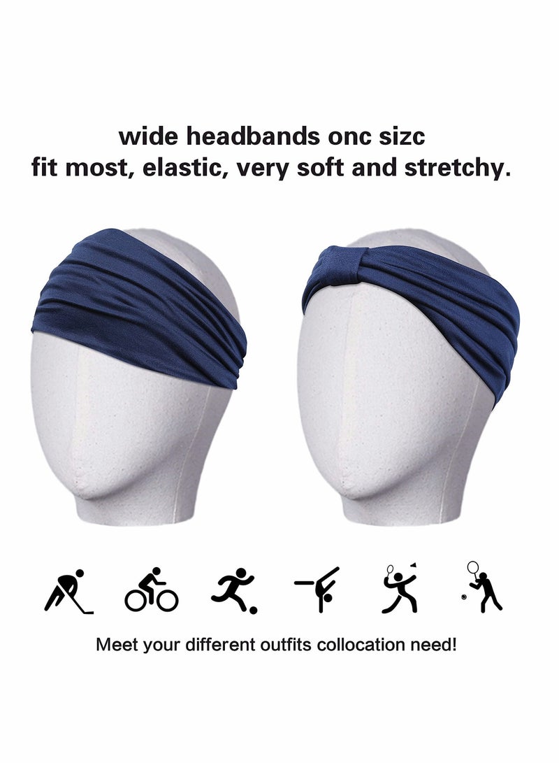 2 Pack Wide Headbands for Women, Boho Knotted Sweat on-Slip Fashion Hair Bands, Head Wraps Elastic Soft Cotton Cloth Turbans Bandana Yoga, Running, Sport