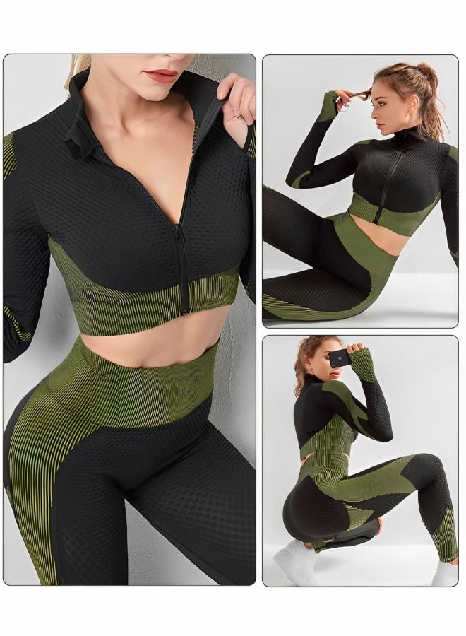 Workout Sets Women 2 Piece Legging Zip Crop Top and High Waist Leggings Seamless Yoga Outfits Clothes Tracksuit,Gym Set