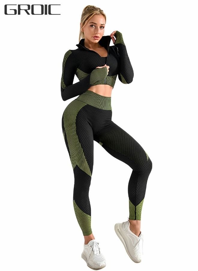 Workout Sets Women 2 Piece Legging Zip Crop Top and High Waist Leggings Seamless Yoga Outfits Clothes Tracksuit,Gym Set