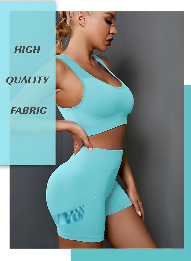 Workout Sets for Women 2 Piece Seamless Ribbed Crop Tank High Waist Shorts Yoga Outfits(L)