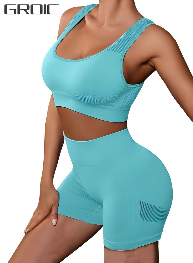 Workout Sets for Women 2 Piece Seamless Ribbed Crop Tank High Waist Shorts Yoga Outfits(L)