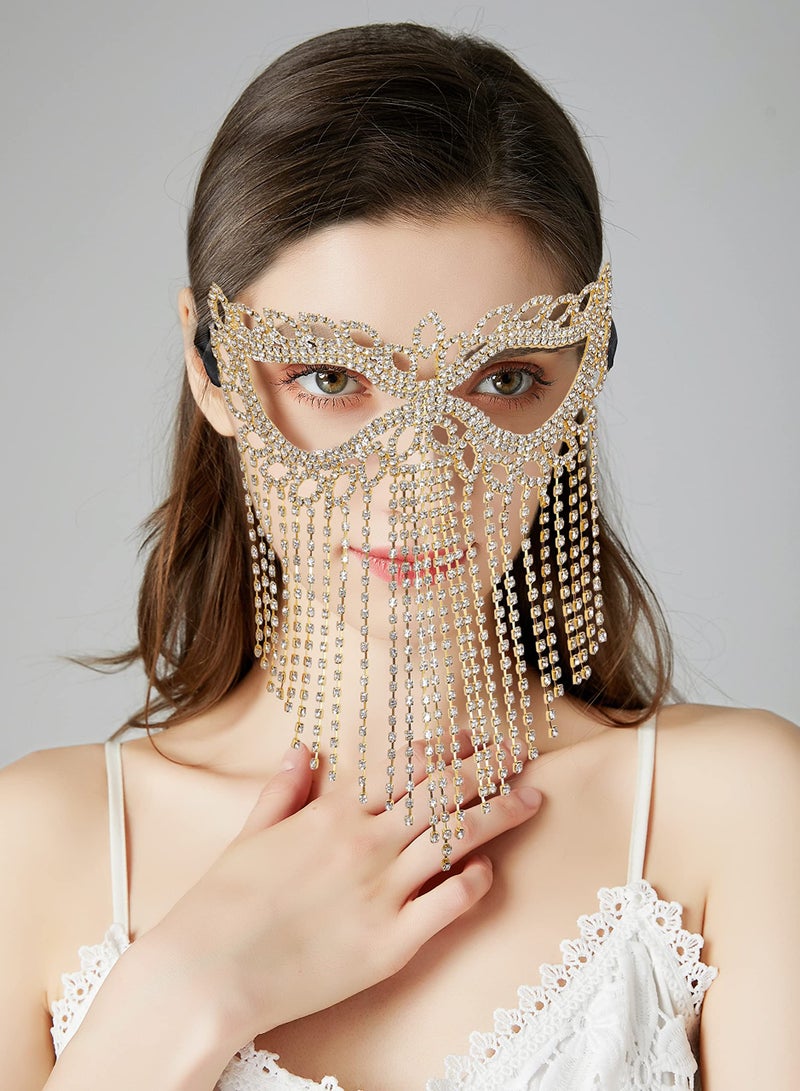 Crystal Chain Mask, Rhinestone Cat Eye Fringe Masquerade, Rhinestone Fringe Masquerade Mask Chain, 1920s Masks for Masquerade Proms, Hallowmas Party, Photo Shoot