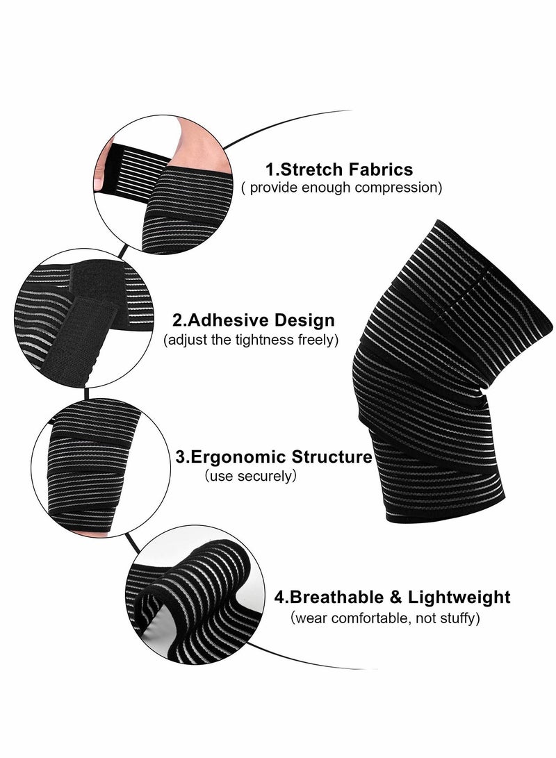Knee Wraps, 2 Pack Compression, Adjustable Braces Strap with Hook and Loop Closure, Support, Men Women Squatting Weightlifting Running Working out Black