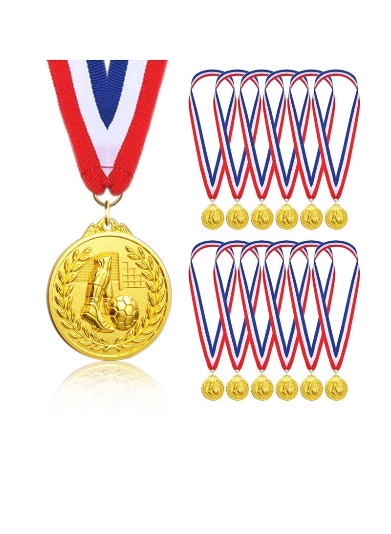 12 Pack Football Medals for Kids, of Gold Metal Medal with Tricolour Nylon Ribbon, Party Favours Boys Children Adults