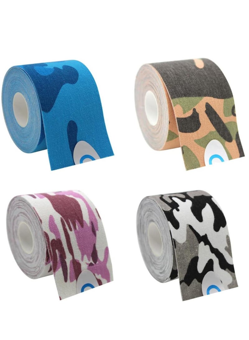 4 Rolls Kinesiology Tape, Sports Tape Athletic Recovery Pain Relieve Strong Adhesion Waterproof Sports Theraeputic Tape for Muscle Pain Relief and Joint Support (Camo Mixed Color)