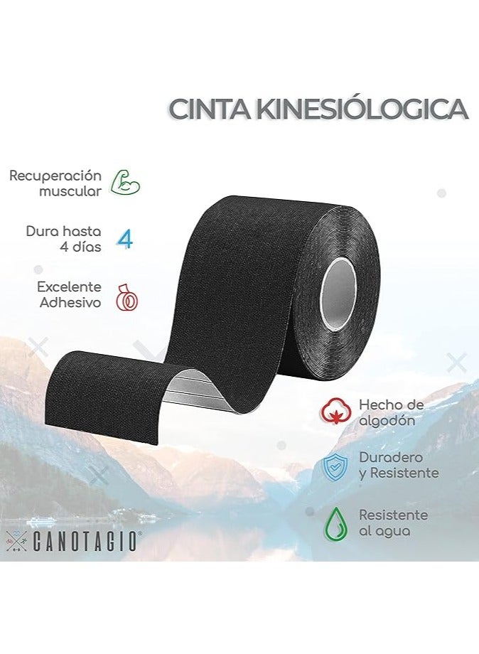 Canotagio Kinesiology Tape for Physical Therapy 5cm Kt Tape Uncut. Athletic Tape for Muscles. Water Resistant Kinetic Tape for Knee Shoulders & Elbows. Kinesio Tape. Cinta Kinesiologica Black