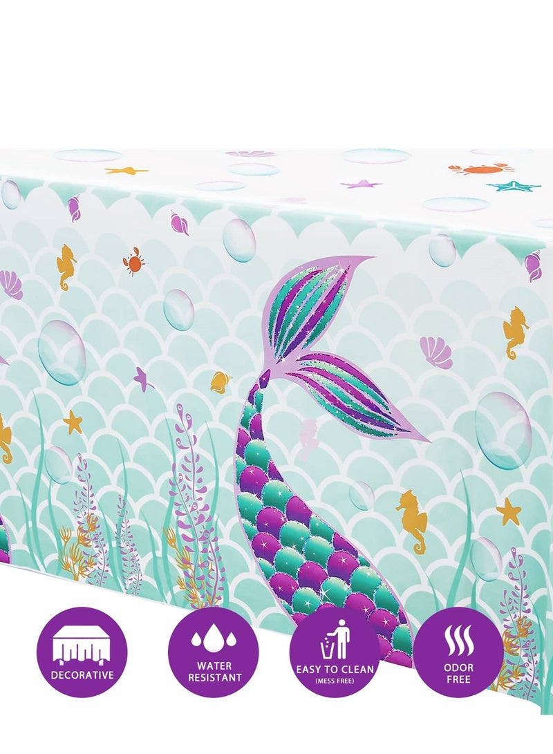 Mermaid Table Cover, 3 Pack Disposable Printed Plastic Tablecloth Party Supplies for Kids Girls Birthday Baby Mermaid Themed Under The Sea Party Decoration (42.5 × 70.8 Inch)