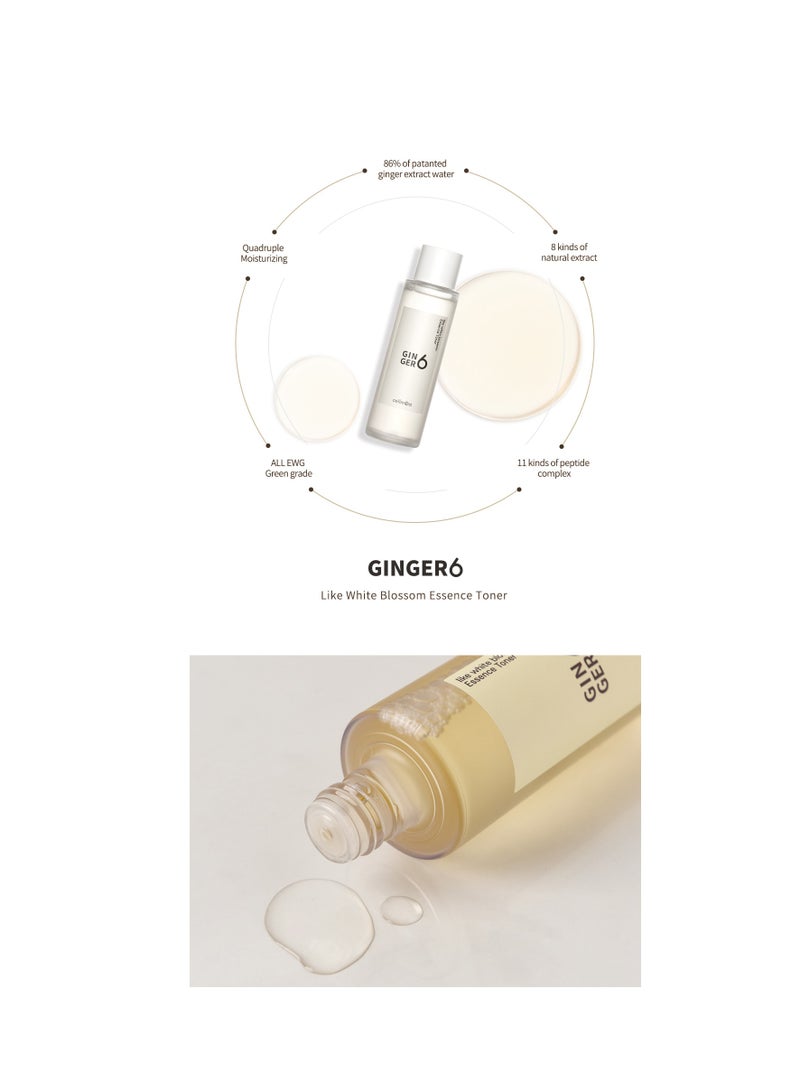 Anti-Aging and Hydrating Facial Essence Toner with Peptides Hyaluronic Acid and Ginger Extract, First-Step Booster, Natural Ingredients GINGER6 Like White Blossom Essence Toner 150ml (5.07 fl.oz.)