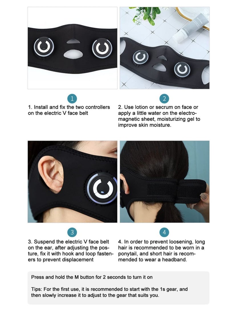 V Face Massage Belt, Electric Face Lift Mask Face Slimming Belt Black USB Charge EMS 2 Modes 10 Gears Face Skin Tightening Device, Electric Double Chin Reducer Anti Aging V Line Up Lift Belt