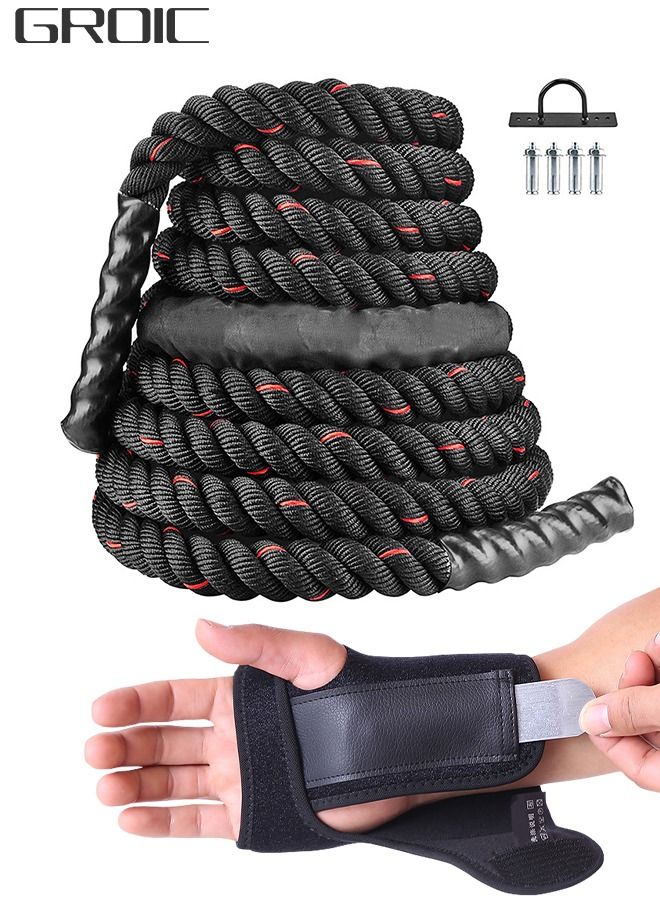 30ft Battle Rope for Exercise, Heavy Duty Fighting Training Cord for Home Gym Workouts with Wrist Bracers Sports Fixed Protection Steel Plate Protective Cuff 9m