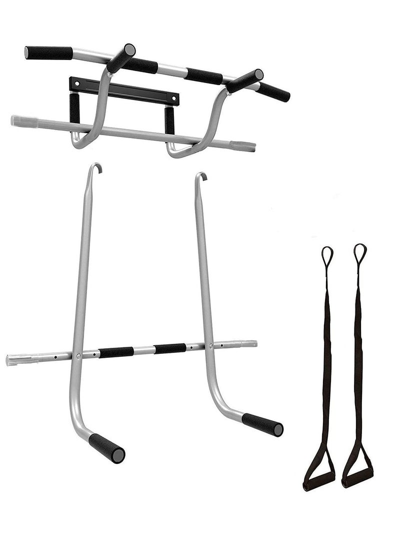 Triple Door Gym| 3 in 1 Doorway Trainer| Portable & Easy Storage Multi-Use Doorway Chin-Up/Pull-Up Bar| Raised Height Pull Up Bar| 2 Suspension Straps for Total Body Home Workout