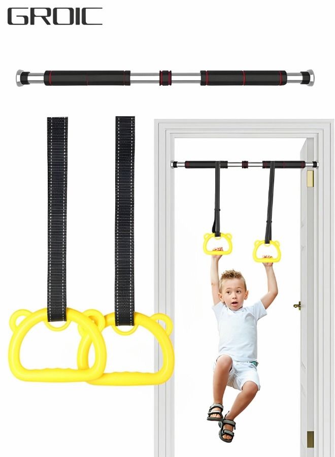 Pull Up Bar Chin Up Bar, Adjustable 60~100 CM Door Horizontal Bars with Kids Gymnastic Rings Pull up Rings for Home Workout Gym Training Workout Bar Sport Fitness