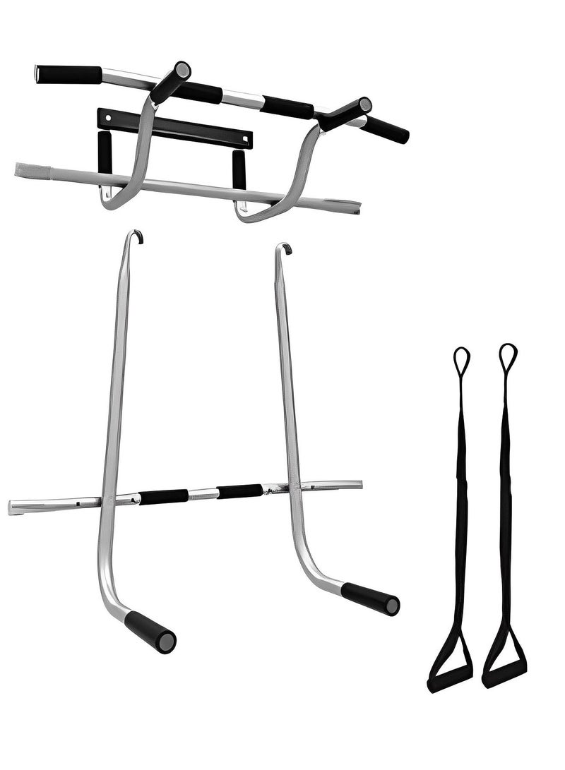 3-in-1 Triple Door Exerciser, High Pull Up Bar, Dip Bar and Suspension Bars for Total Body Workouts at Home, with Screw Less Mount on All Doors