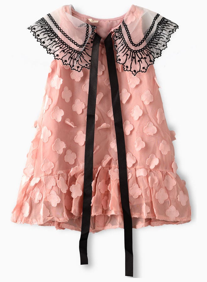 Peter Pan Collor Lace Knee Length Dress Pink/Black