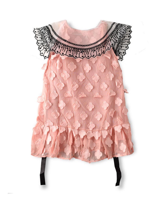 Peter Pan Collor Lace Knee Length Dress Pink/Black