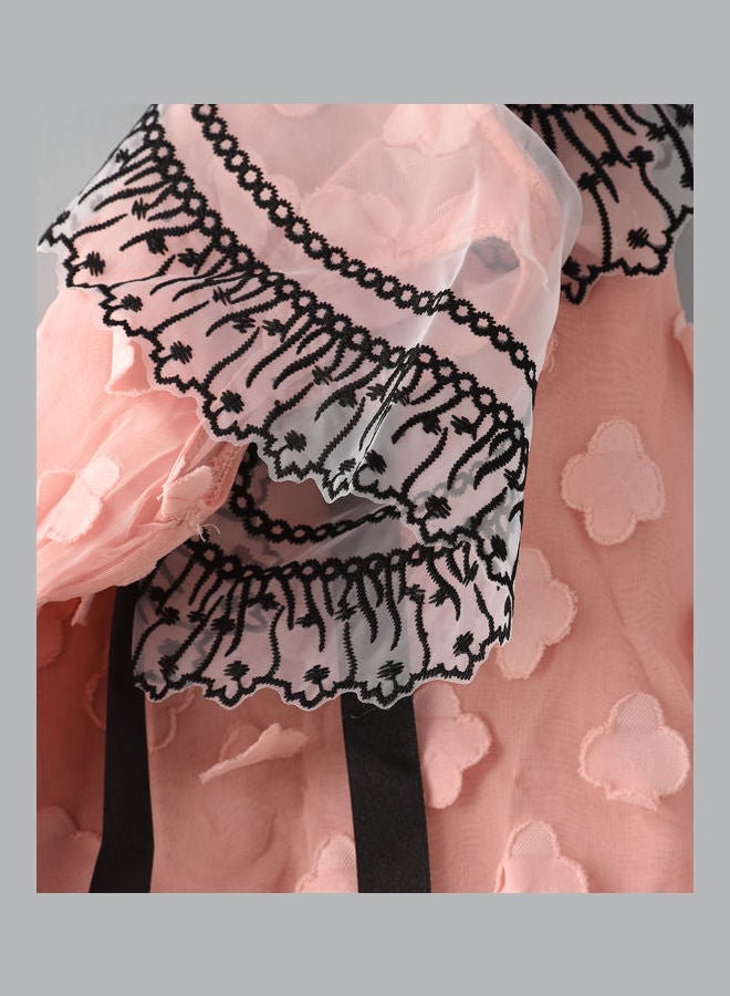 Peter Pan Collor Lace Knee Length Dress Pink/Black