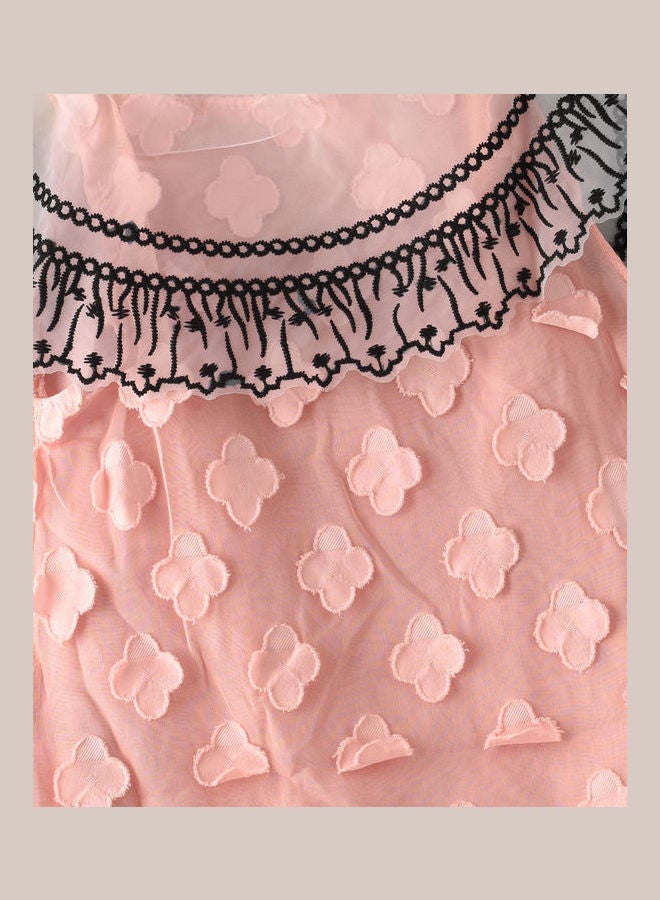 Peter Pan Collor Lace Knee Length Dress Pink/Black