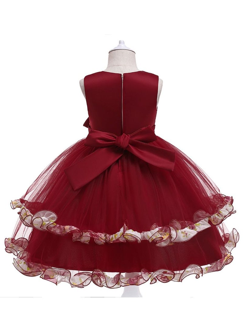 Frills pattern knee length red party dress for girls