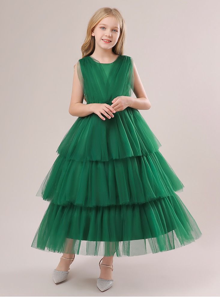 Elegent green layered mesh long party dress for girls