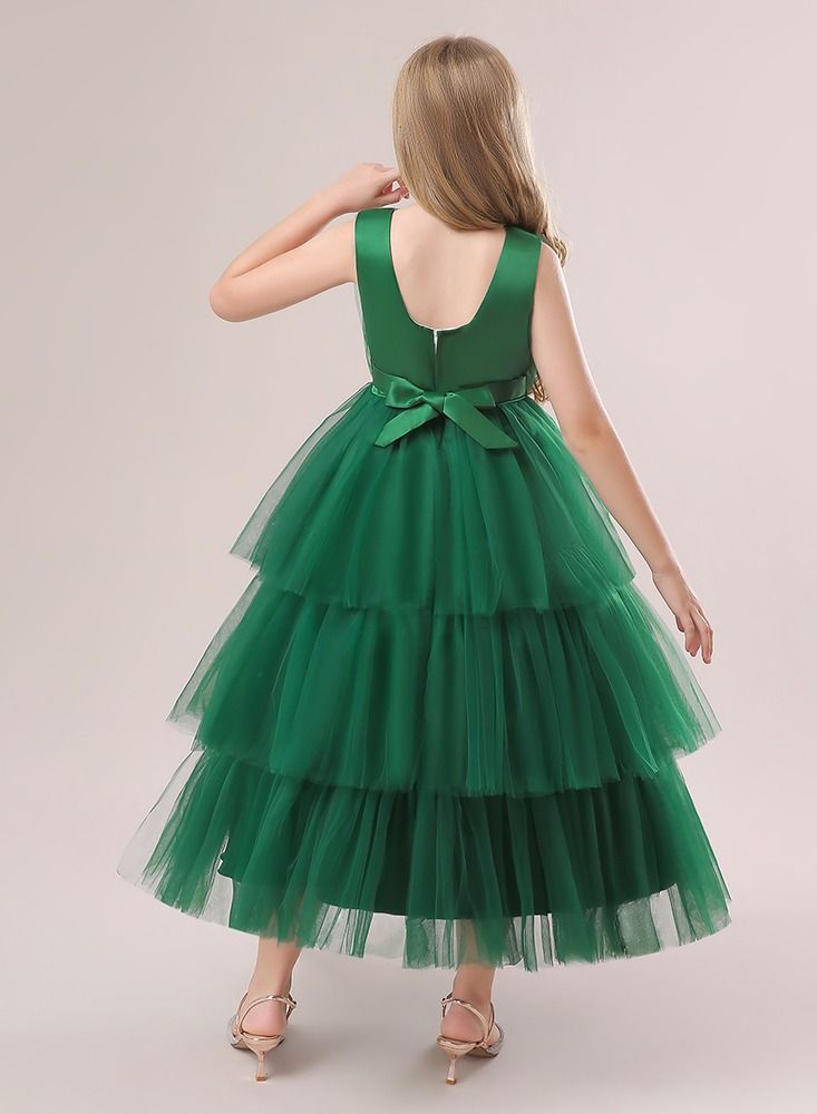 Elegent green layered mesh long party dress for girls