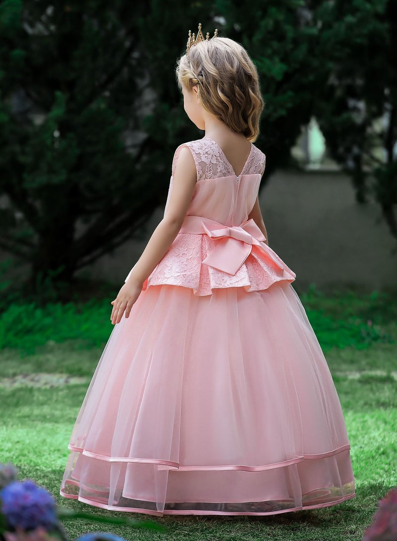 Mesh layered pearl pattern pink long party dress for girls