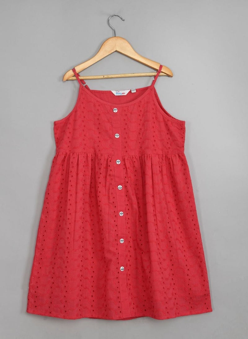 Schiffli red spaghetti knee length dress for girls