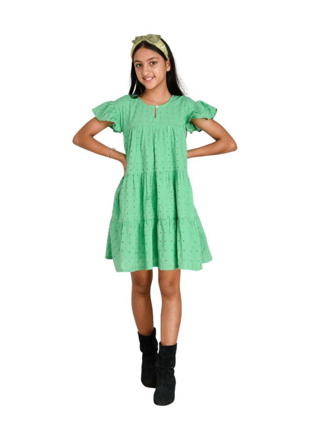 Schiffli  cotton oilve green frilled  knee length dress for girls