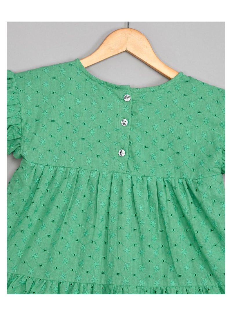 Schiffli  cotton oilve green frilled  knee length dress for girls