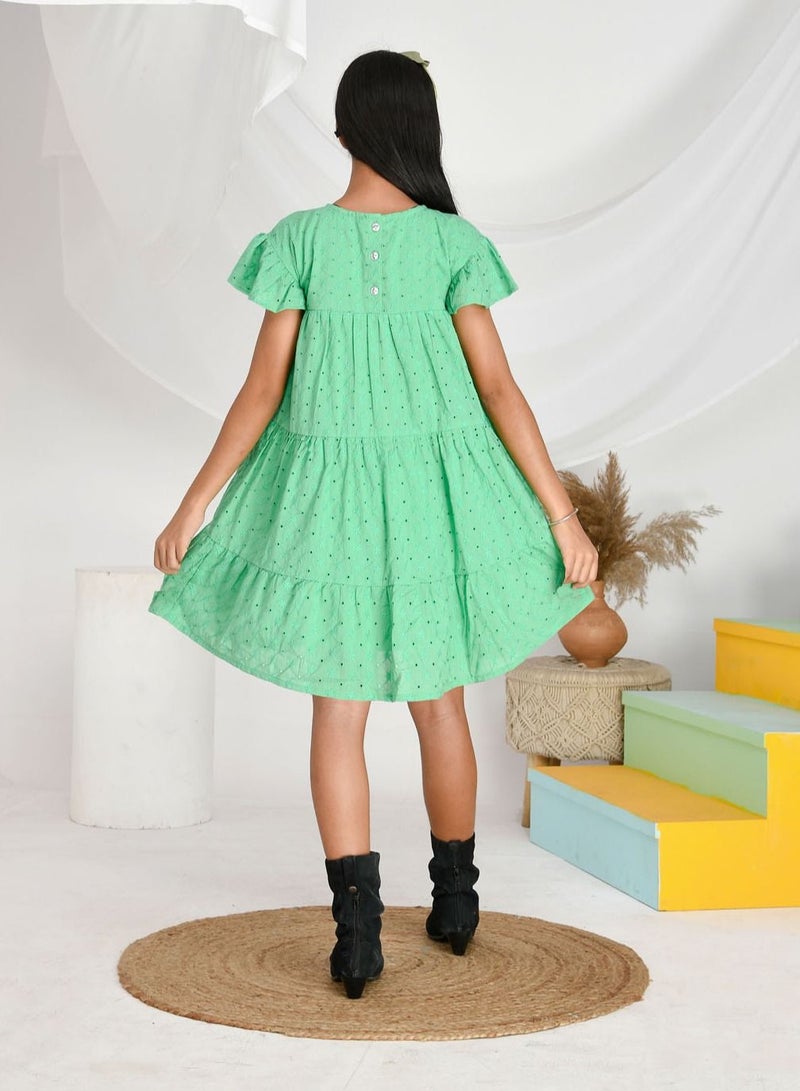 Schiffli  cotton oilve green frilled  knee length dress for girls